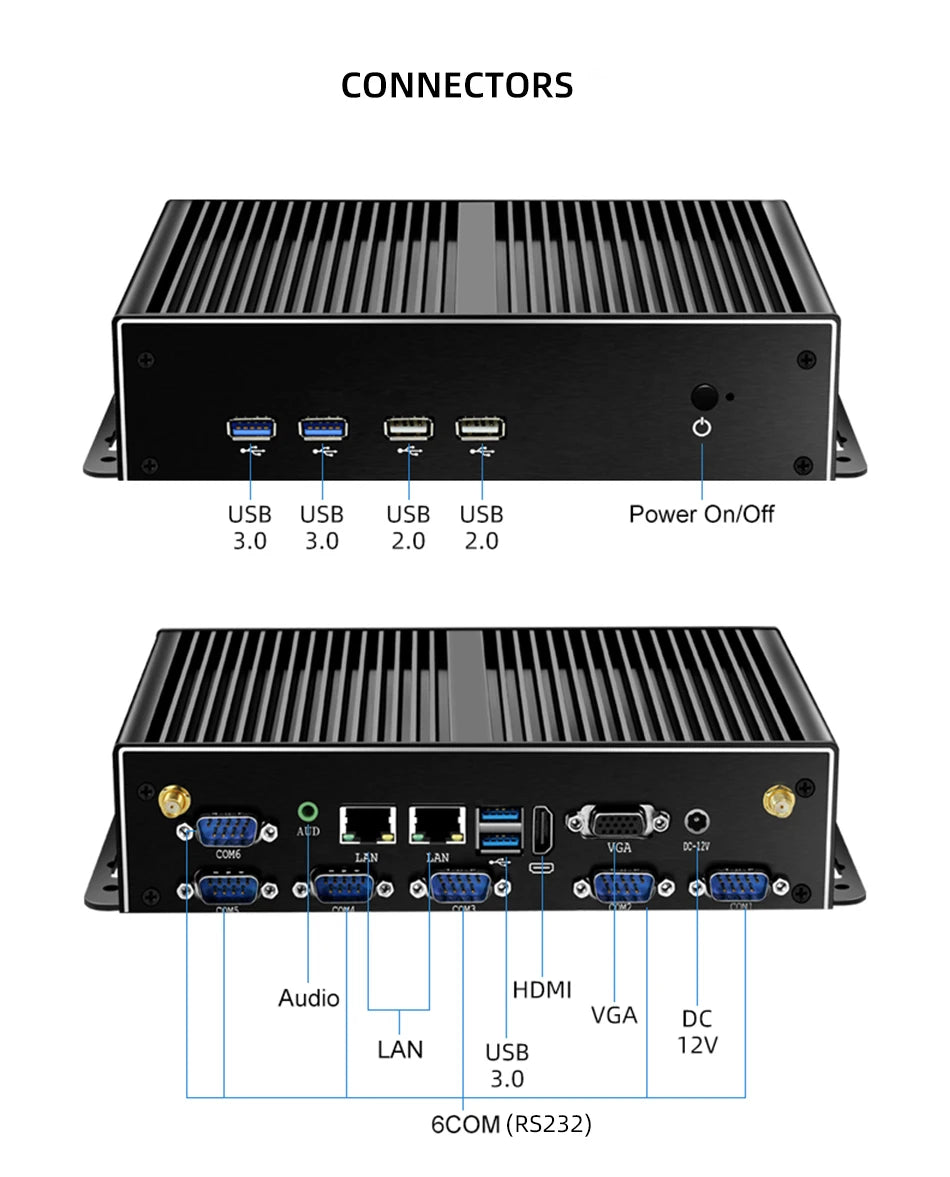 XCY Fanless Industrial Mini PC Intel Core i7 5500U 2x GbE LAN 6x COM RS232 HDMI VGA 6x USB Support WiFi 4G LTE Windows Linux