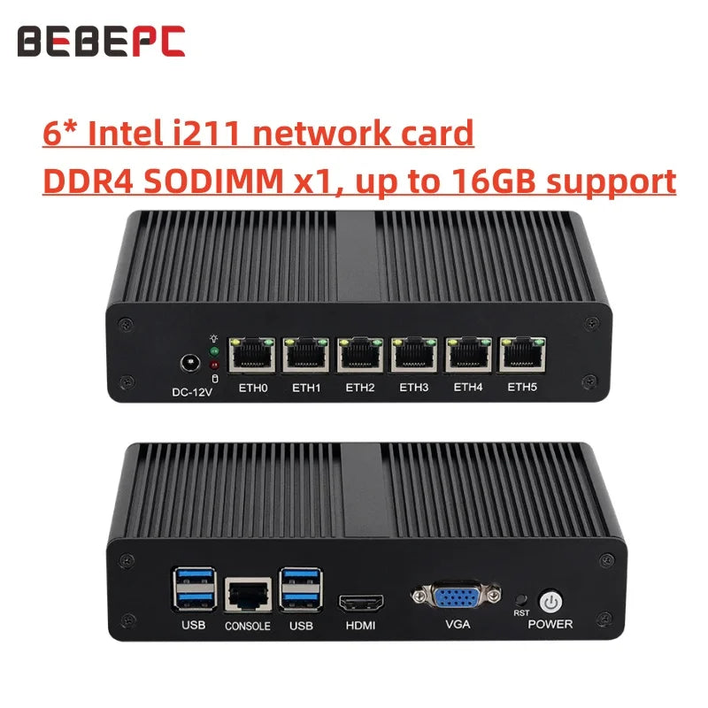BEBEPC Fanless MINI router  Intel 4405U 6*LAN i211 NICS 1*RS232 3/4G module pfsense firewall soft VPN sever Linx win10/11 pc
