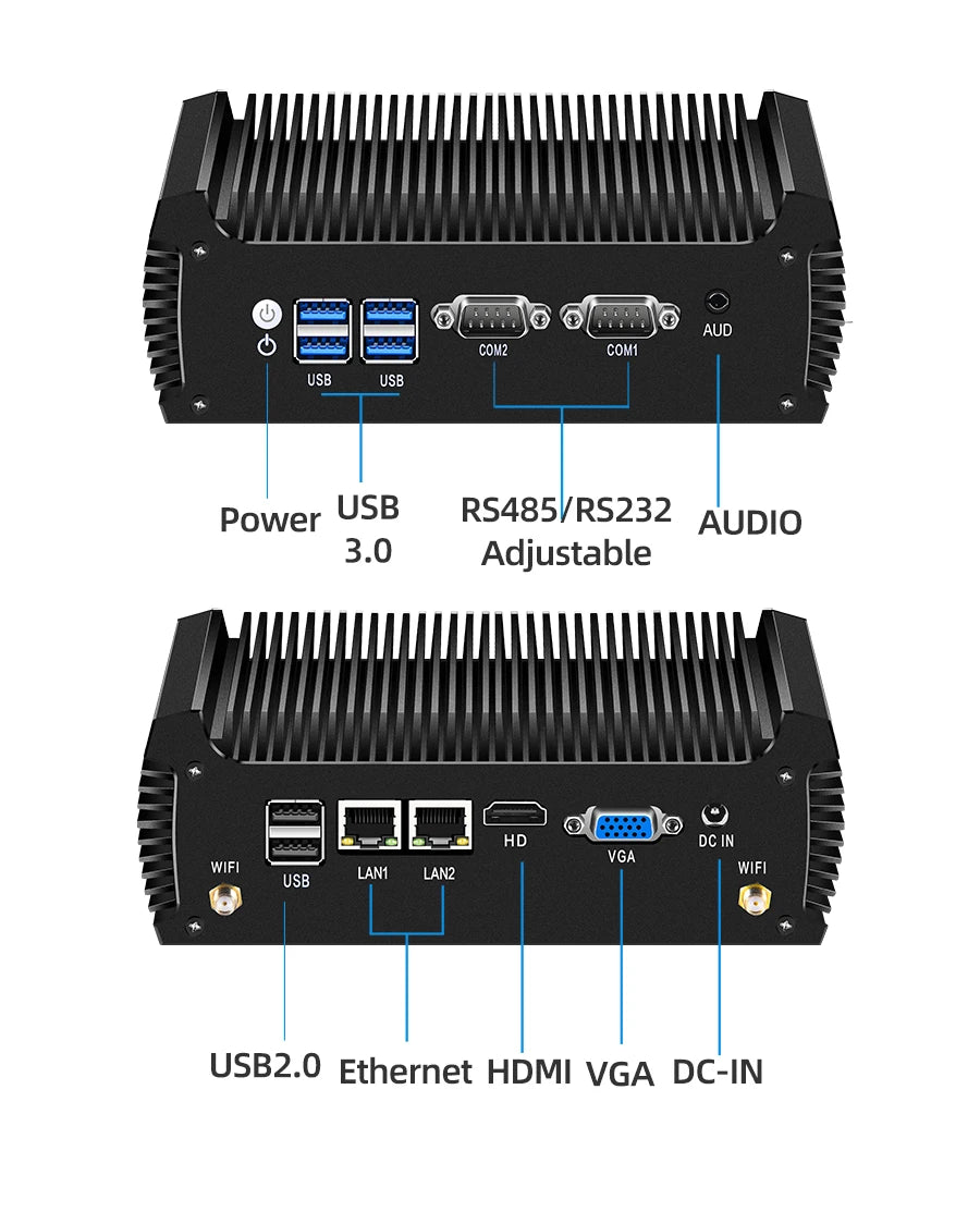 Fanless Mini PC Intel Core i3 5005U i5 5200U i7 5500U Dual Gigabit Ethernet 2*RS232 HDMI+VGA WiFi 4xUSB3.0 Windows 10 Linux