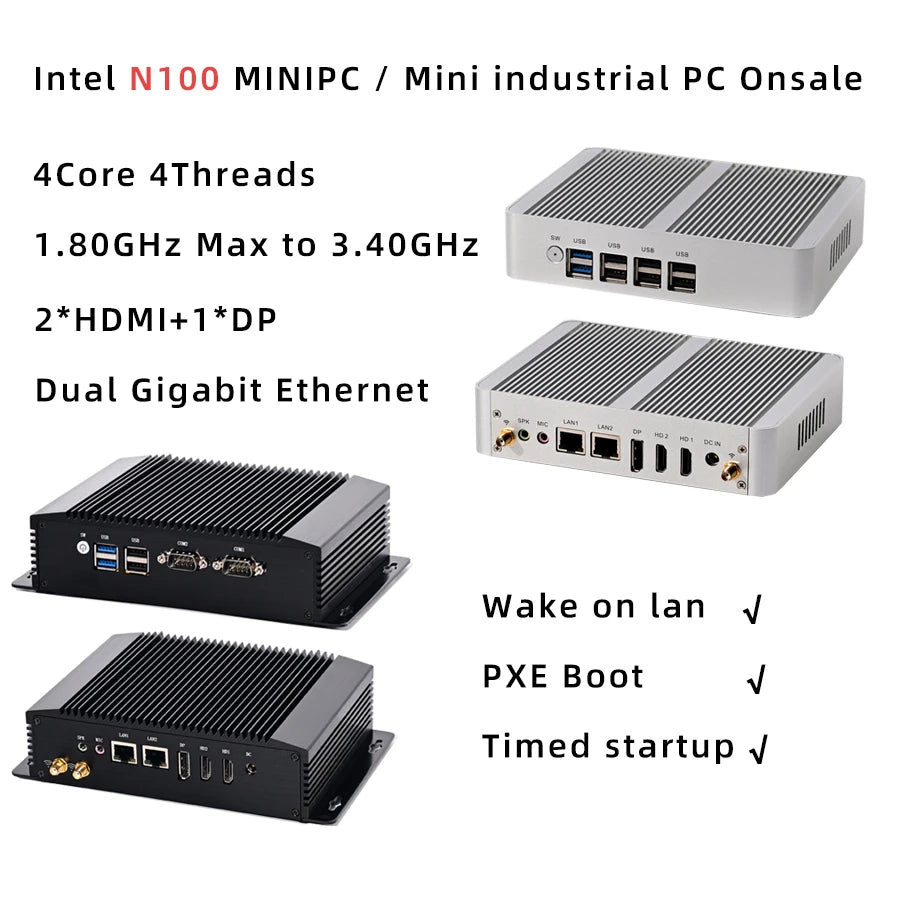 Intel N100 N95 Fanless MINIPC Mini industrial PC Dual LAN 2*HDMI2.0 4K 60Hz+DP 3 screen display DDR4 Low power 0 noise
