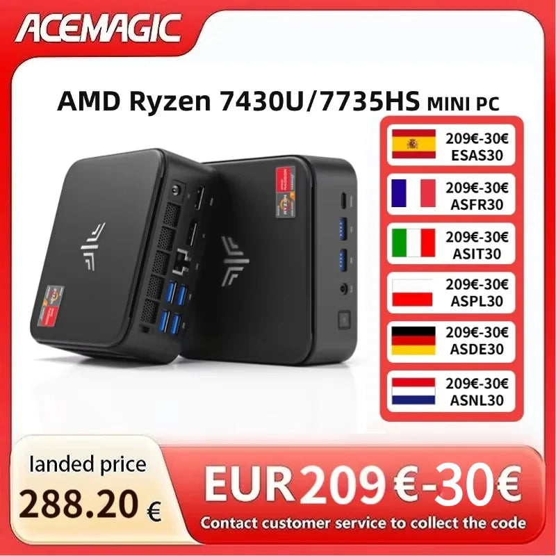 ACEMAGIC E3B MINI PC AMD Ryzen 7430U/7735HS 6-Core Powerhouse 16GB DDR4 512GB M.2 2280 SSD Wifi6 BT5.2 4K 60Hz WiFi 6 Windows 11