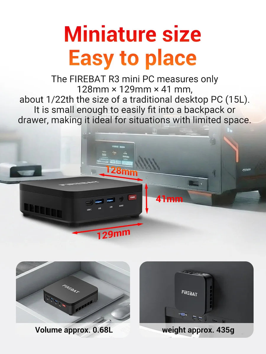 FIREBAT R3 MINI PC AMD Ryzen 5 7430U 6C/12T MAX 4.3GHz 16GB LPDDR4 RAM 512GB SSD WIFI6 BT5.2 Windows 11 Desktop Computer