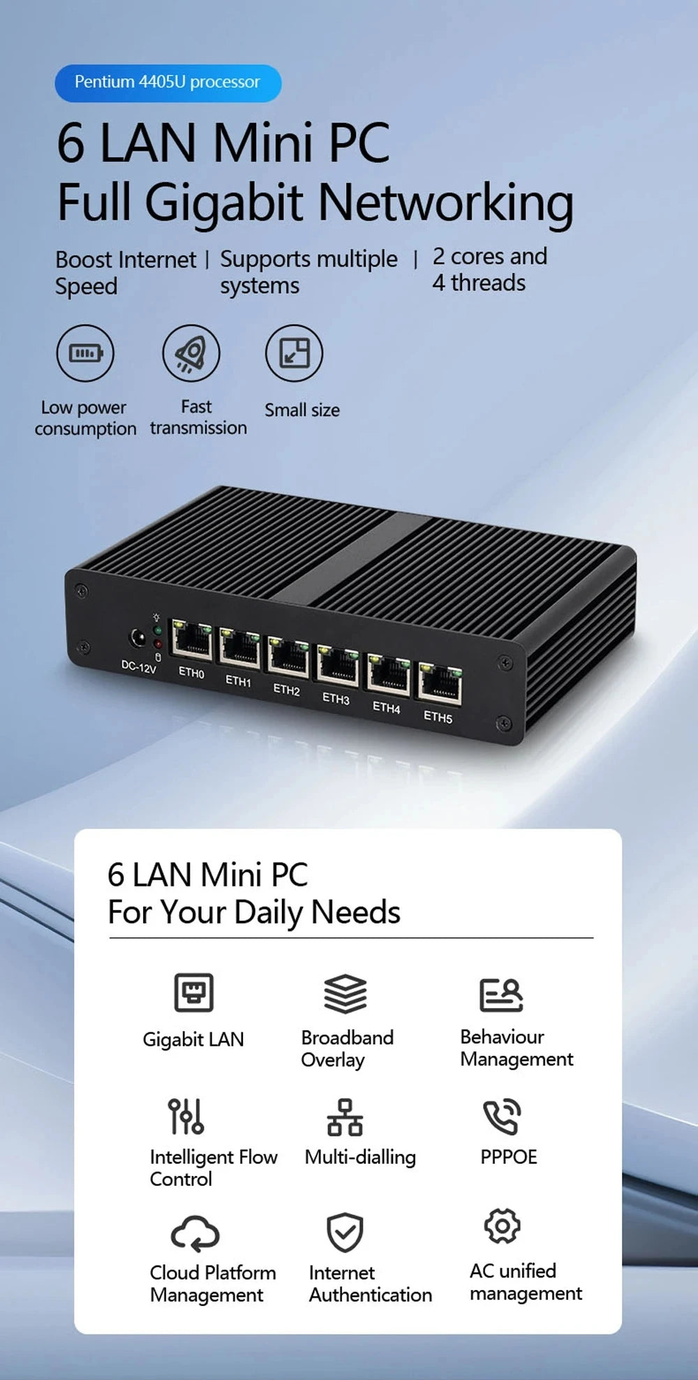 BEBEPC Fanless MINI router  Intel 4405U 6*LAN i211 NICS 1*RS232 3/4G module pfsense firewall soft VPN sever Linx win10/11 pc