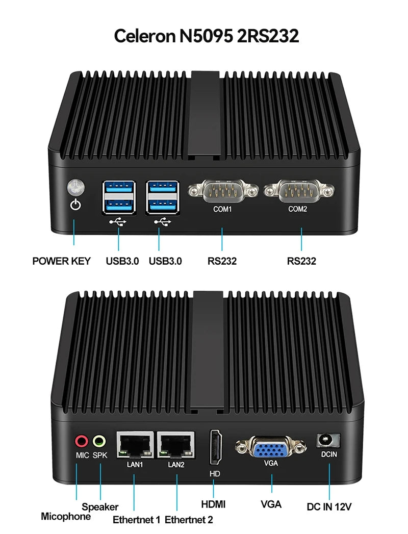 Helorpc Industrial Mini PC with Inter i3 i5 Celeron Processor Support WIN10 Linux RS232 WiFi with 4xUSB 1xHDMI 1xVGA Computer