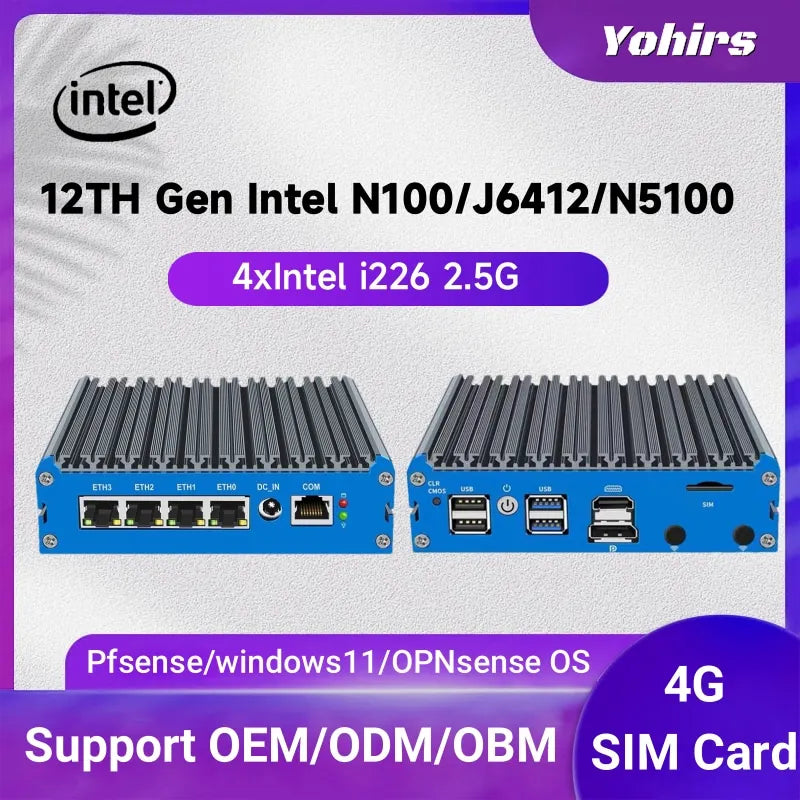 Fanless Mini Pc 4xIntel I226 2.5GB Lan N100 J6412 J5005 N6415 Quad Core Soft Router Server Esxi Rugged Firewall Appliance SIM PC