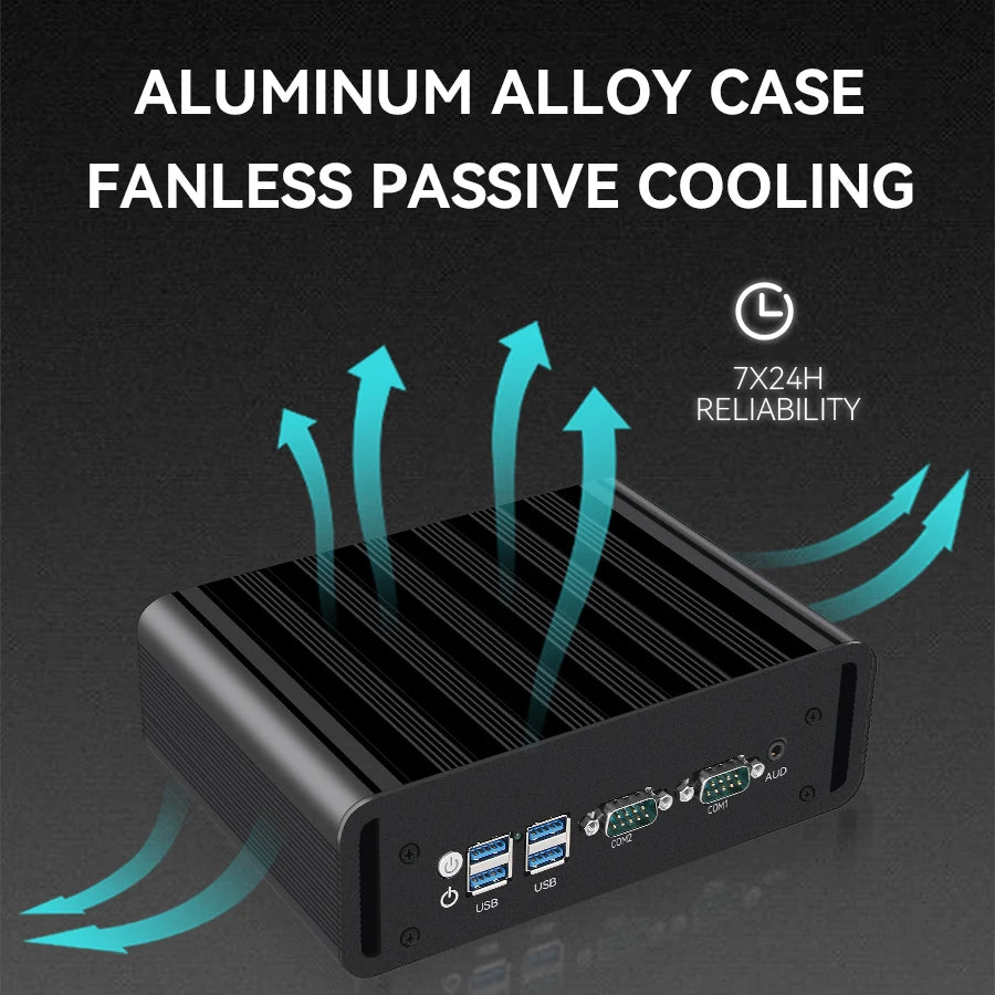 Fanless Industrial Mini PC Intel N100 Dual Ethernet 2x COM DB9 RS232 RS485 3G 4G LTE SIM Card Slot GPIO WiFi Windows Linux