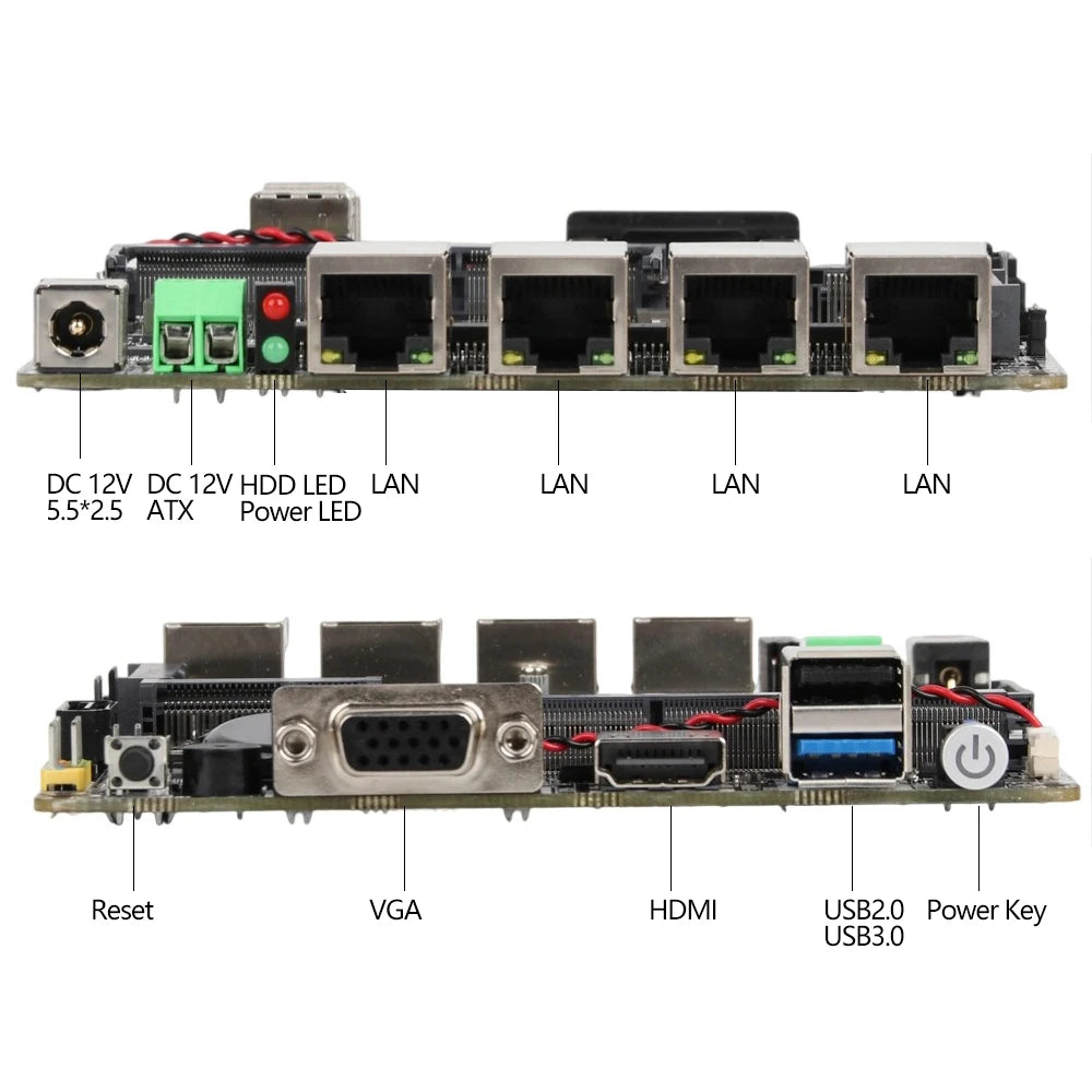 Mini PC Firewall Motherboard Intel Celeron N2830 J1900 4x 2.5G Ethernet HDMI VGA 2xUSB Mini PICE SIM Slot SATA mSATA 12X12CM