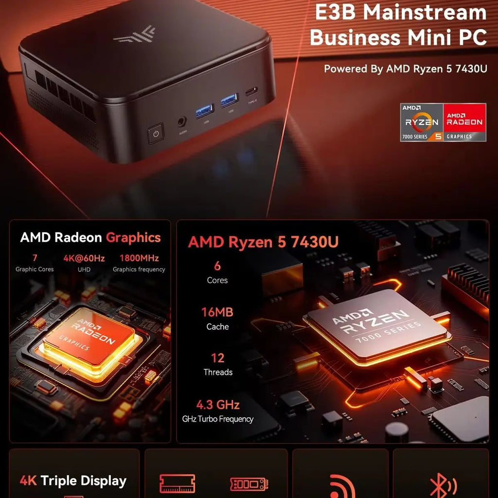 ACEMAGIC E3B MINI PC AMD Ryzen 7430U/7735HS 6-Core Powerhouse 16GB DDR4 512GB M.2 2280 SSD Wifi6 BT5.2 4K 60Hz WiFi 6 Windows 11