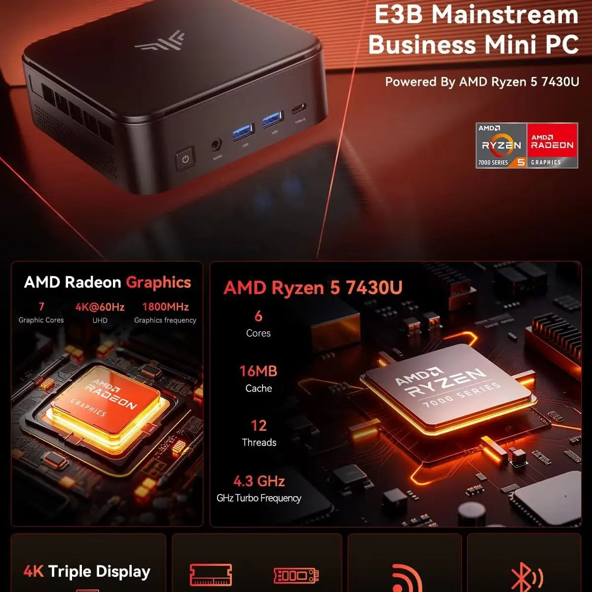 ACEMAGIC E3B MINI PC AMD Ryzen 7430U/7735HS 6-Core Powerhouse 16GB DDR4 512GB M.2 2280 SSD Wifi6 BT5.2 4K 60Hz WiFi 6 Windows 11
