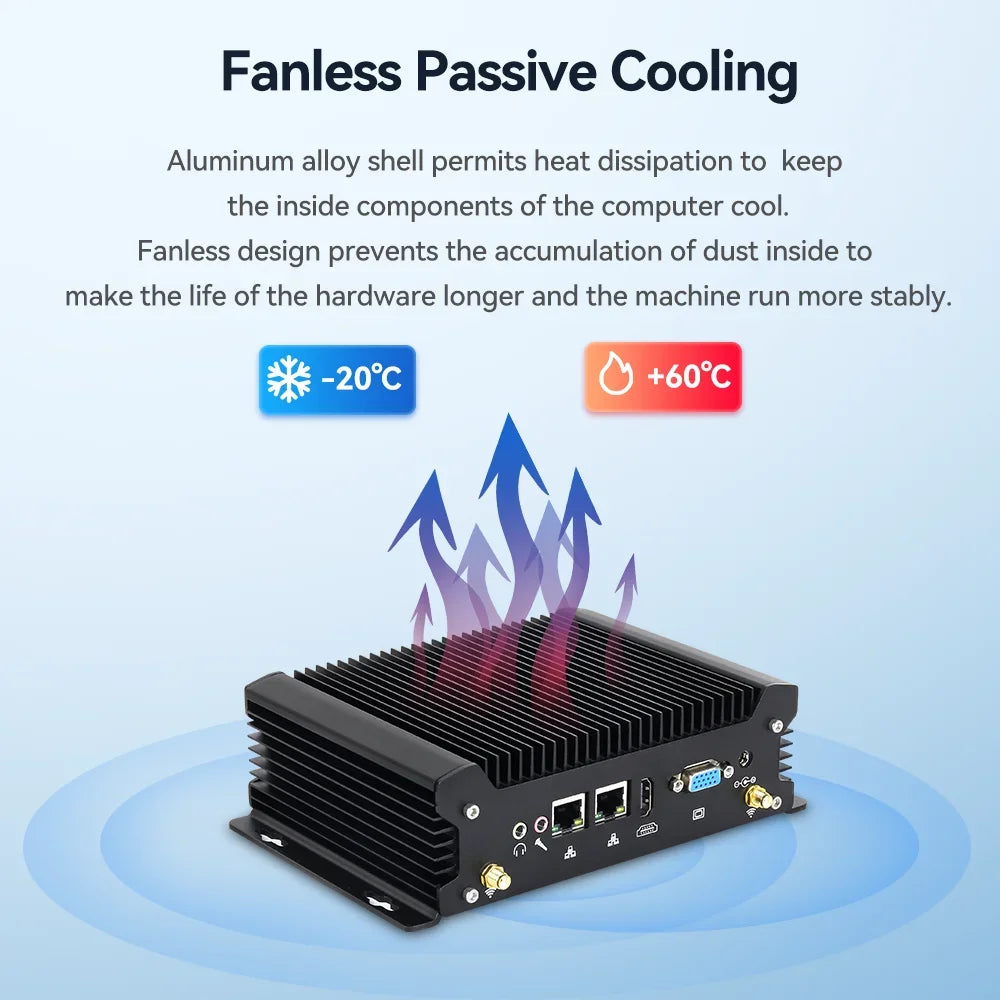 Fanless Industrial Mini PC 13th Intel Core i5 1335U DDR5 M.2 SSD 2x COM RS232 2x LAN 8x USB WiFi SIM 4G LTE Windows Linux