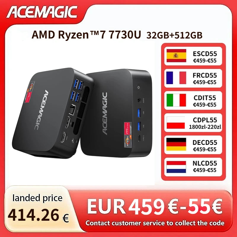 ACEMAGIC Mini PC 32GB RAM 512GB SSD AMD Ryzen 7 7730U Triple 4K Monitor HDMI DP Type-C, Dual M.2 Slot Home Office Desktop PC