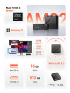 FIREBET AM02 Mini PC 6600H CPU 6C/12T MAX 4.5GHz 16GB LPDDR5 RAM 512GB SSD Windows 11 Desktop 2*RJ45 WIFI6 BT5.2 Gaming Computer