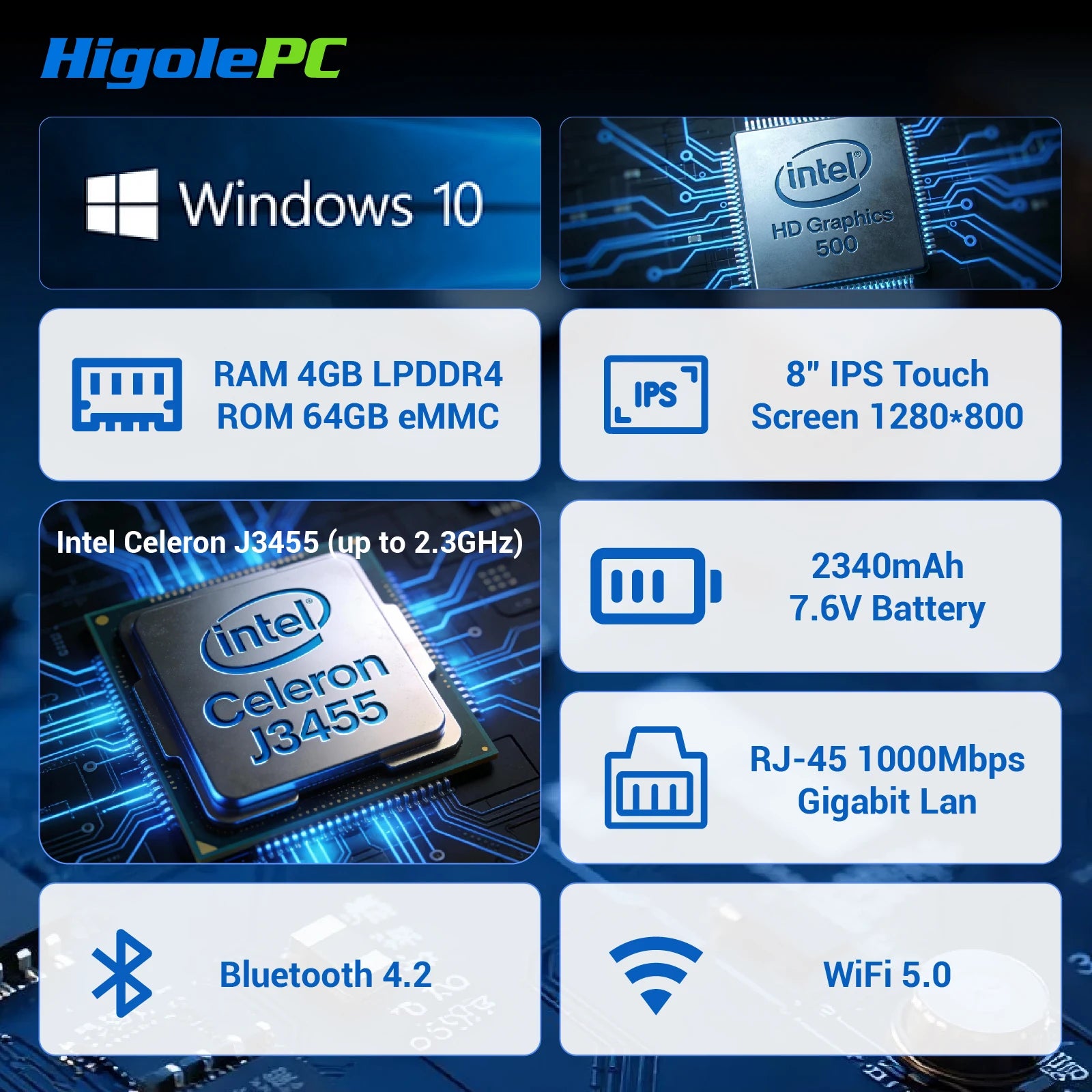 Higole F3APL 8'' Fanless Mini PC Intel J3455 Windows 10 WiFi5 4GB 64GB 2340mAh with Screen 4K Laptop Desktop PC Mini Computers