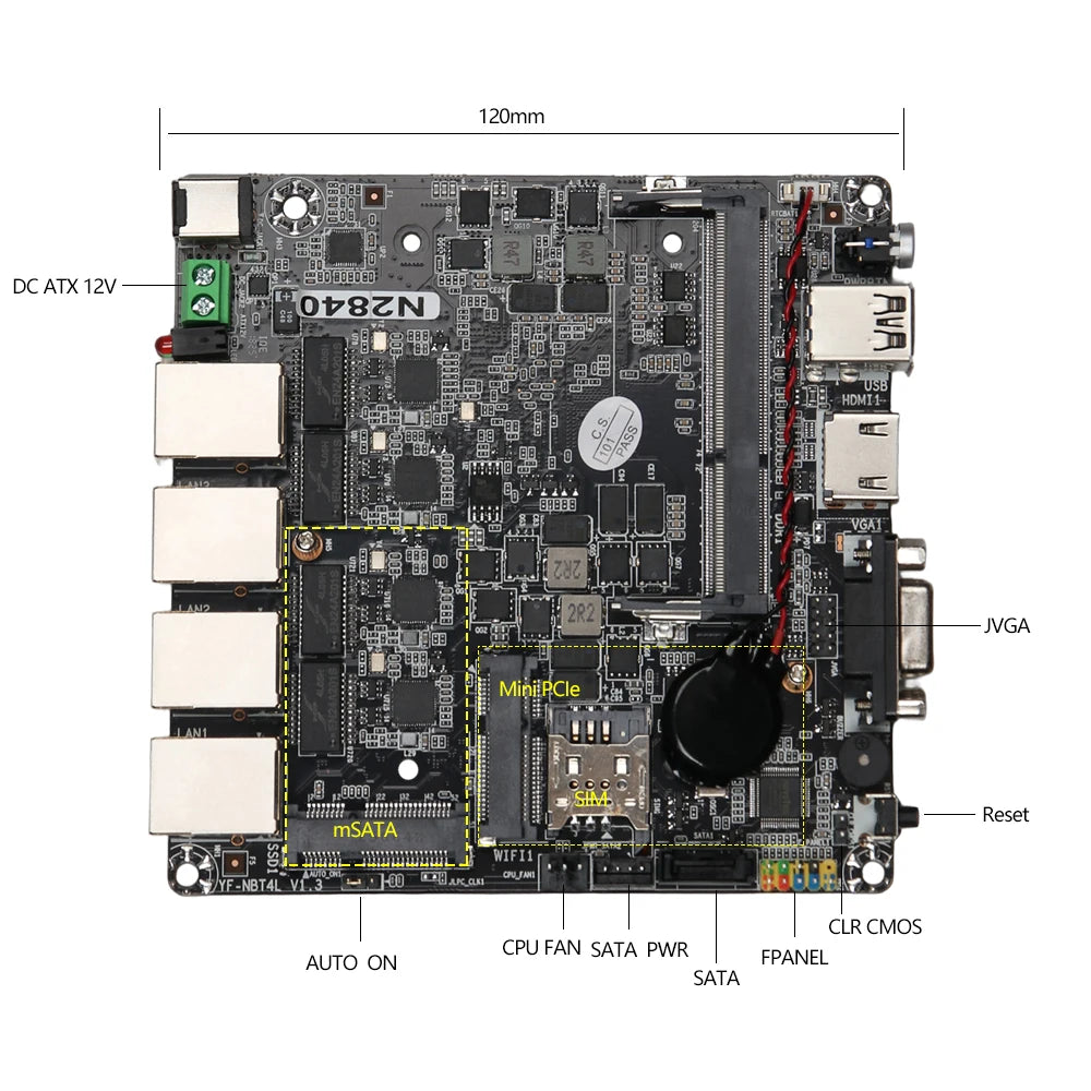 Mini PC Firewall Motherboard Intel Celeron N2830 J1900 4x 2.5G Ethernet HDMI VGA 2xUSB Mini PICE SIM Slot SATA mSATA 12X12CM
