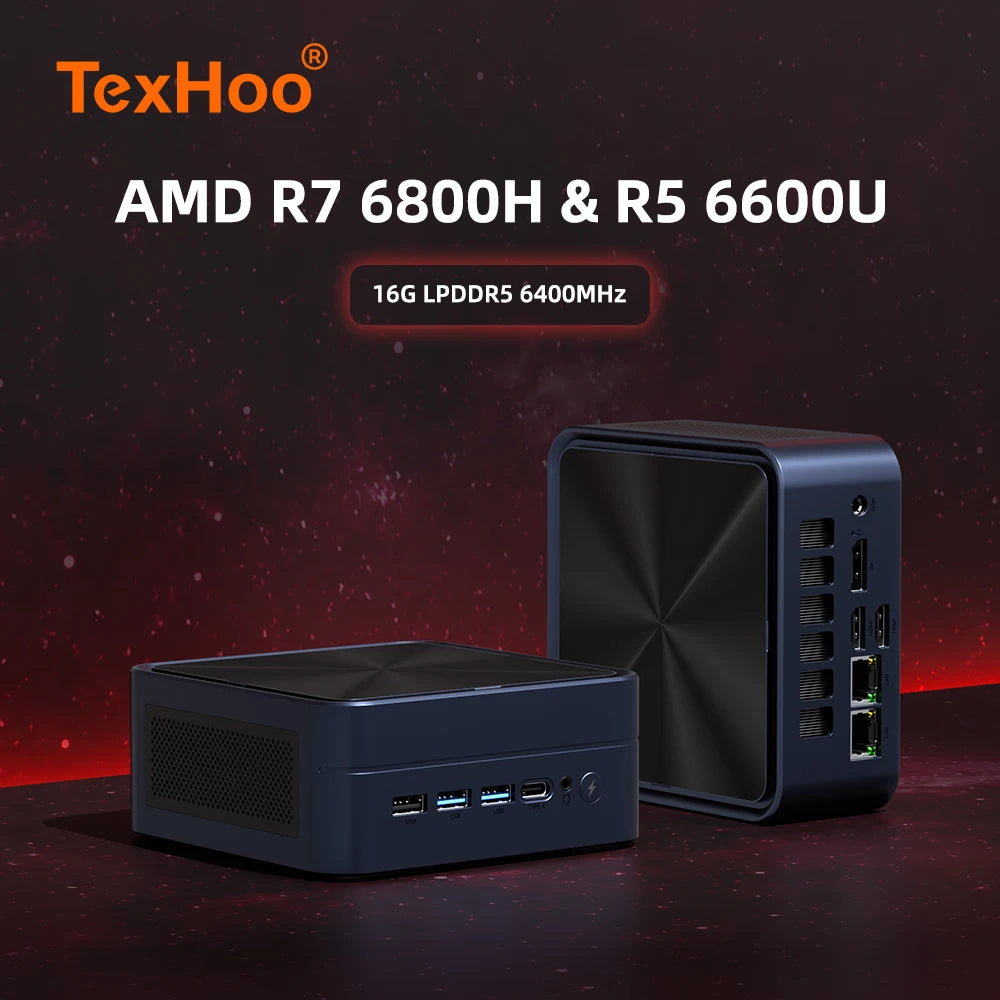 TexHoo AMD R7 6800H 6600H 6600U 7530U 5800H  4800H 4500U Mini PC  DDR5 NVMe SSD WiFi 6  BT5.2 HDMI DP  Dual LAN Desktop computer