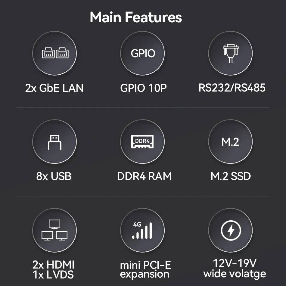 XCY Fanless Mini PC Intel Pentium J5005 DDR4 M.2 SSD RS232/485 2x LAN GPIO mPCIE 4G LTE 8x USB LVDS HDMI TPM 2.0 Windows 11