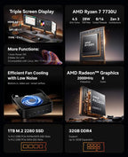 KAMRUI Mini Gaming PC AMD Ryzen7 7730U 32GB DDR4 3200MHz Dual Channel 512GB M.2 SSD up to 4.5Ghz WiFi6 BT5.2 4K Desktop Computer