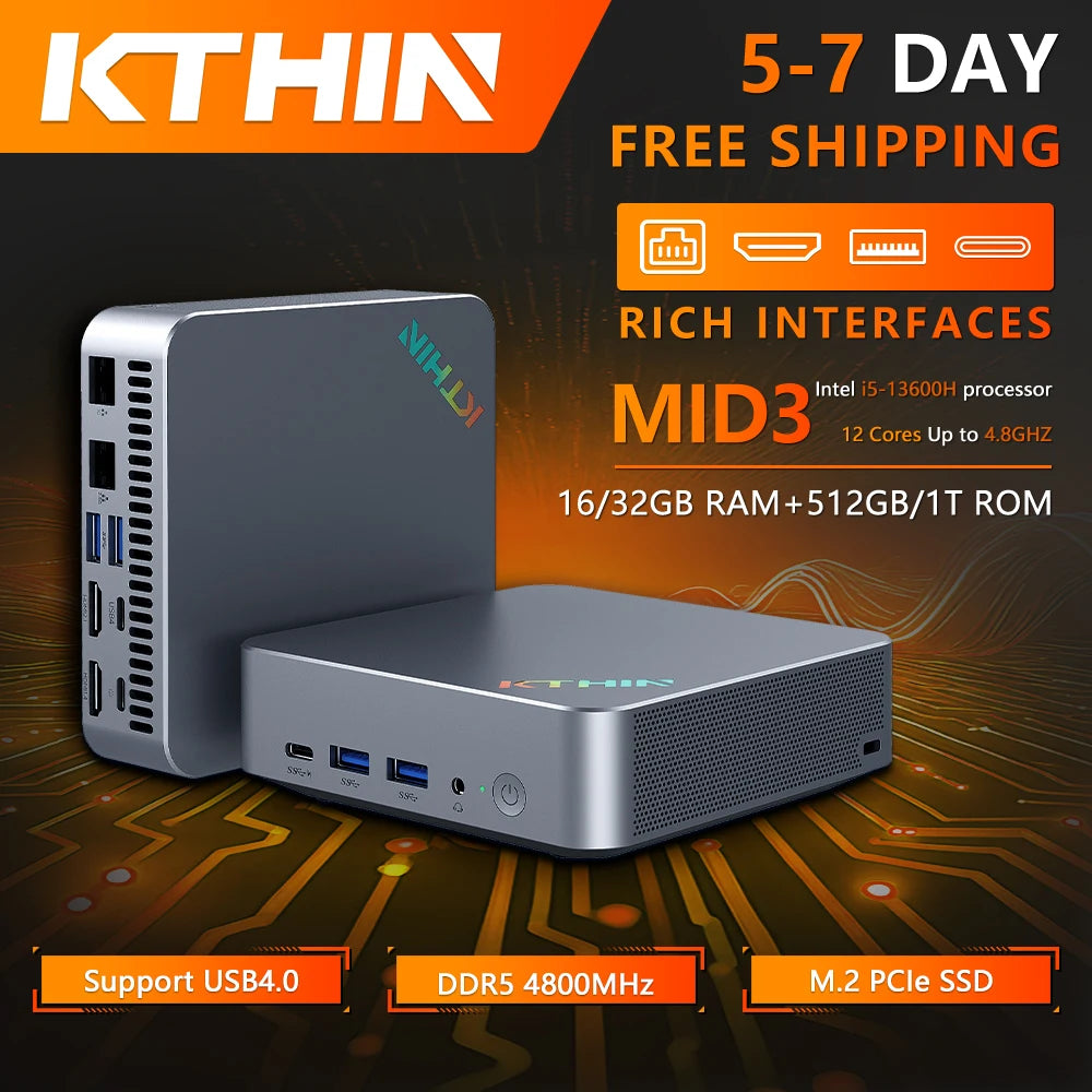 KTHIN MID3 Mini PC i5 1340P 13600H WIFI6 BT5.2 Mini Computer DDR5 16GB RAM 512GB ROM 2.5G LAN USB4.0 Mini Desktop Computer