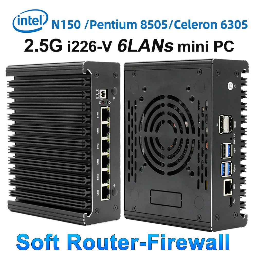 Intel Celeron 6305/N150/Pentium Gold 8505 Soft router 6Lans i226-V 2.5G Fanless Mini PC NVMe SATA pfSense Firewall Appliance