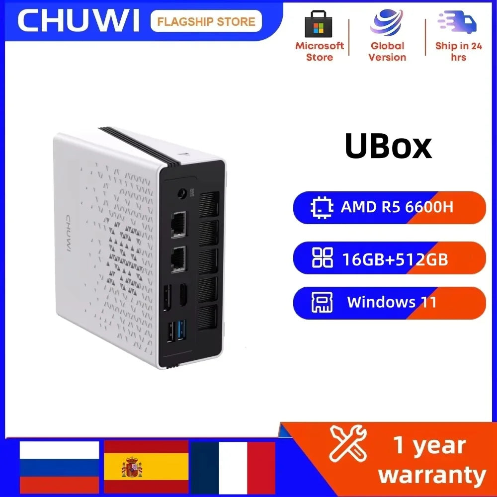 CHUWI UBox Mini PC AMD R5 16GB DDR5 512GB 6600H 6-Core 12-Thread Computer PCIe 4.0 SSD WiFi 6 BT5.2 Mini PC Desktop Computer