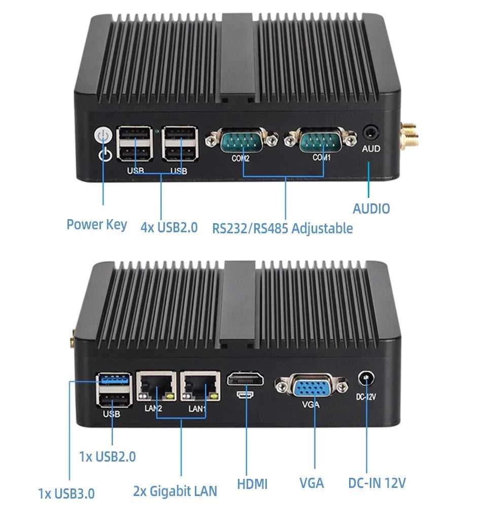 Fanless Mini PC IPC Intel J1900 J2900 i5-5200U 2xEthernet 2x COM DB9 HDMI VGA mPICE Expansion WiFi 4G LTE Support Windows Linux