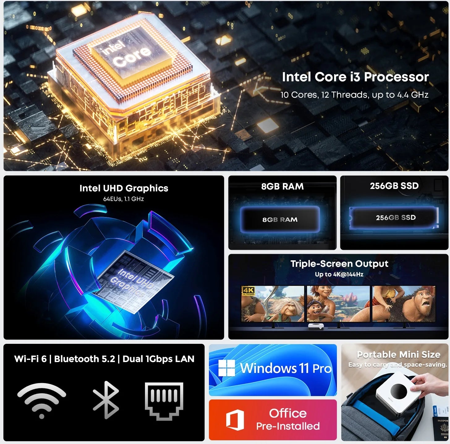 CHUWI LarkBox X Mini PC 8GB RAM 256GB SSD Intel i3-1220P UHD Graphics for 12th Gen Intel Processors WiFi 6 Desktop Computer