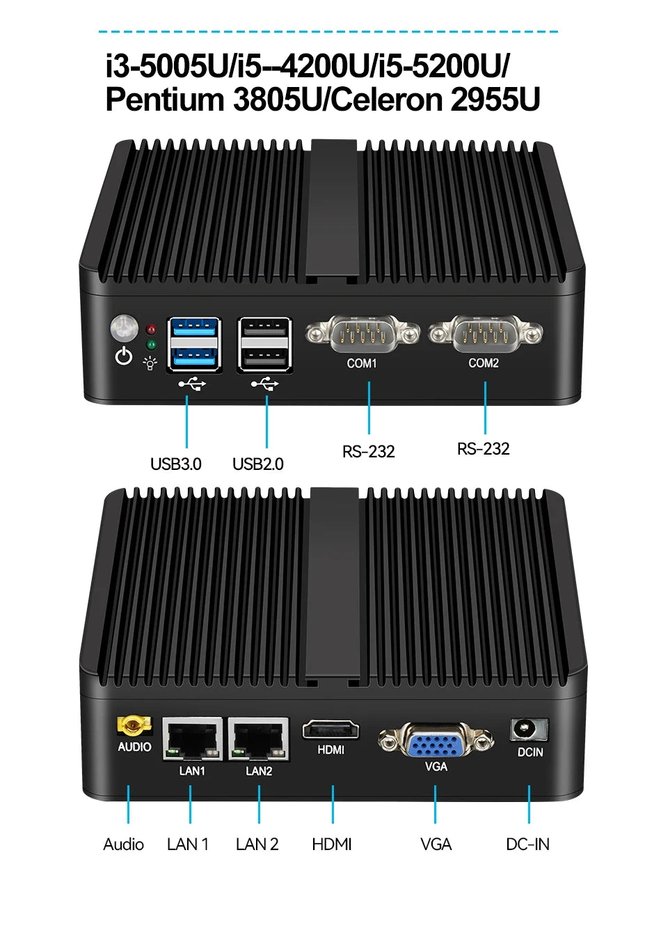 Fanless Mini PC IPC Intel J1900 J2900 i5-5200U 2xEthernet 2x COM DB9 HDMI VGA mPICE Expansion WiFi 4G LTE Support Windows Linux