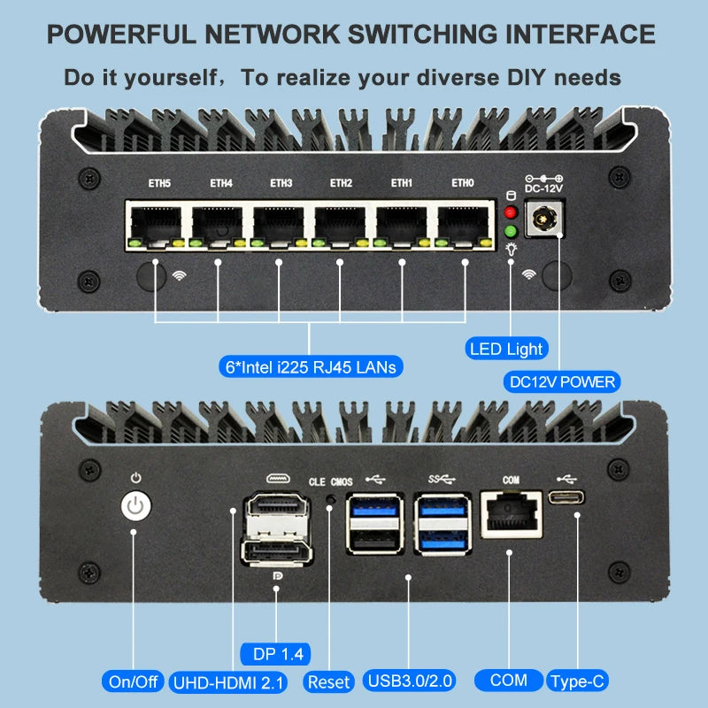 Intel Pentium Gold 8505 Soft Router 6 Lans i226-V 2.5G Fanless Mini PC COM HD DP USB Type-C DDR5 SATA pfSense Firewall Appliance