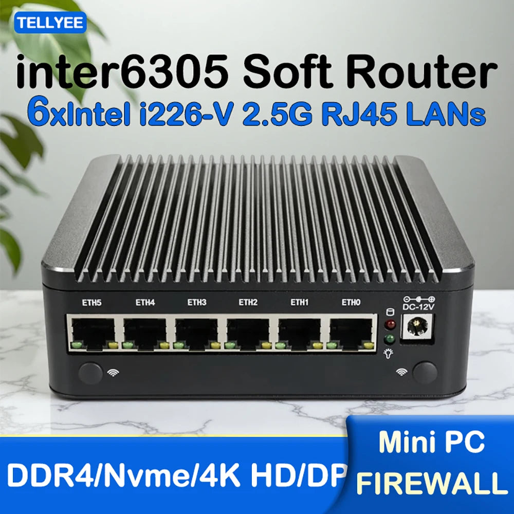 New Intel 6305 Soft router 6 LAN I226-V 2.5G fanless Mini PC DDR4 2*NVMe HD DP firewall OPNsense Mini PC