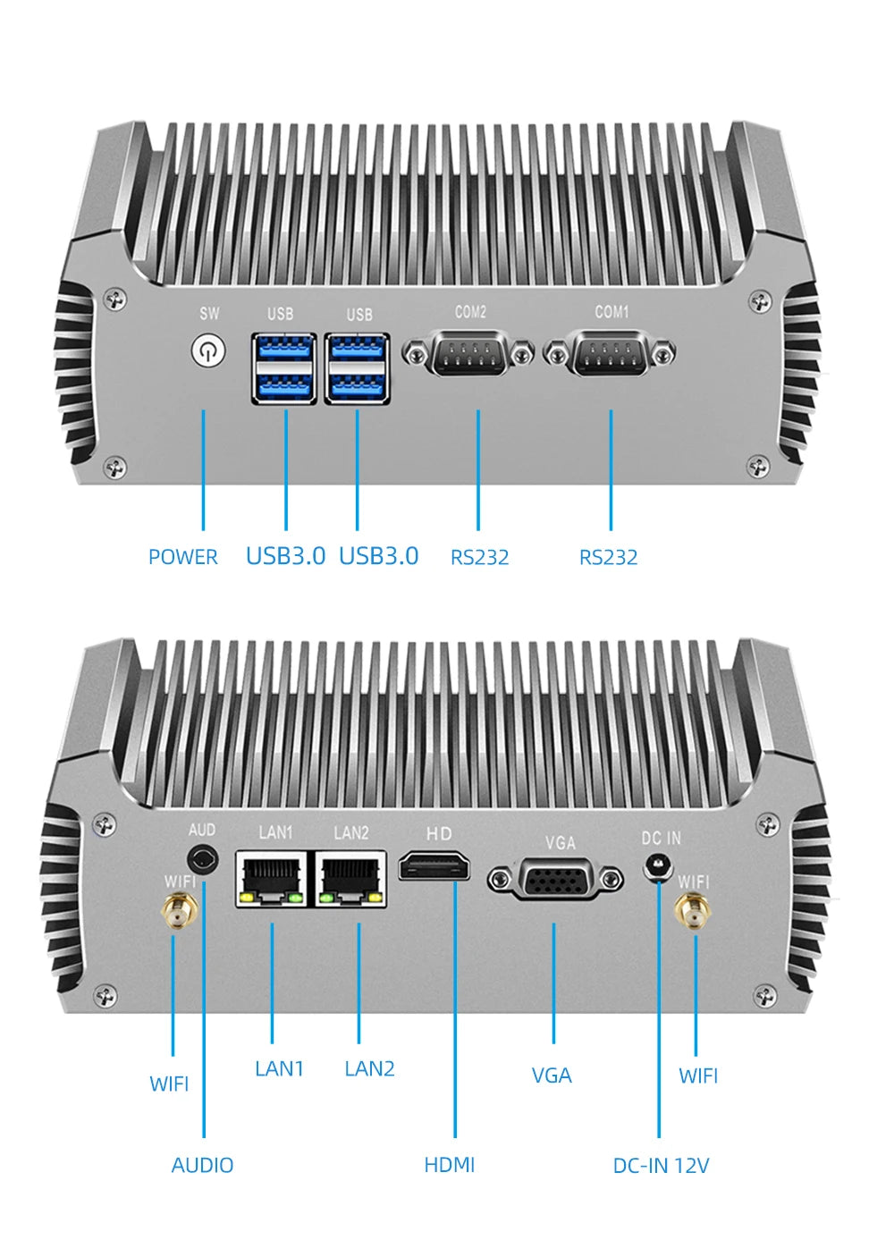 XCY Fanless Industrial Mini PC Intel Core i7-4500U 2x RS-232 Serial Ports Dual GbE LAN 4x USB Support WiFi Windows Linux