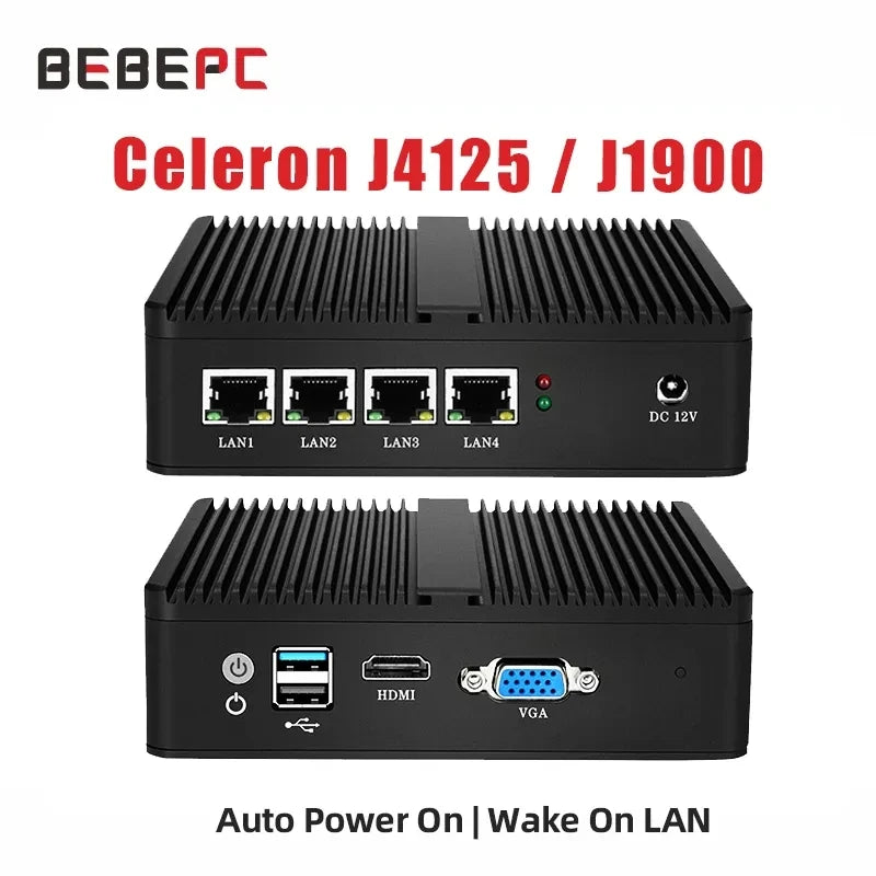 BEBEPC Fanless Mini PC Firewall Router Intel Celeron J1900 N2830 4 LAN Pfsense Ubuntu Windows 10 Industrial Computer PC