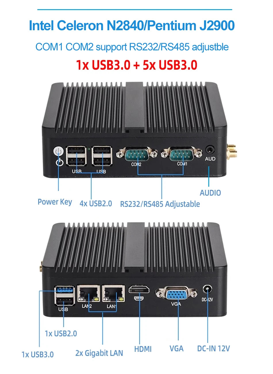 Fanless Mini PC IPC Intel J1900 J2900 i5-5200U 2xEthernet 2x COM DB9 HDMI VGA mPICE Expansion WiFi 4G LTE Support Windows Linux
