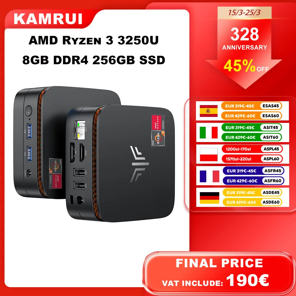 KAMRUI E1 Mini PC AMD R3 3250U 8GB DDR4 RAM 256GB M.2 SSD Up to 3.5GHz Dual 4K WiFI5 Win11PRO Micro Desktop Computer for Office