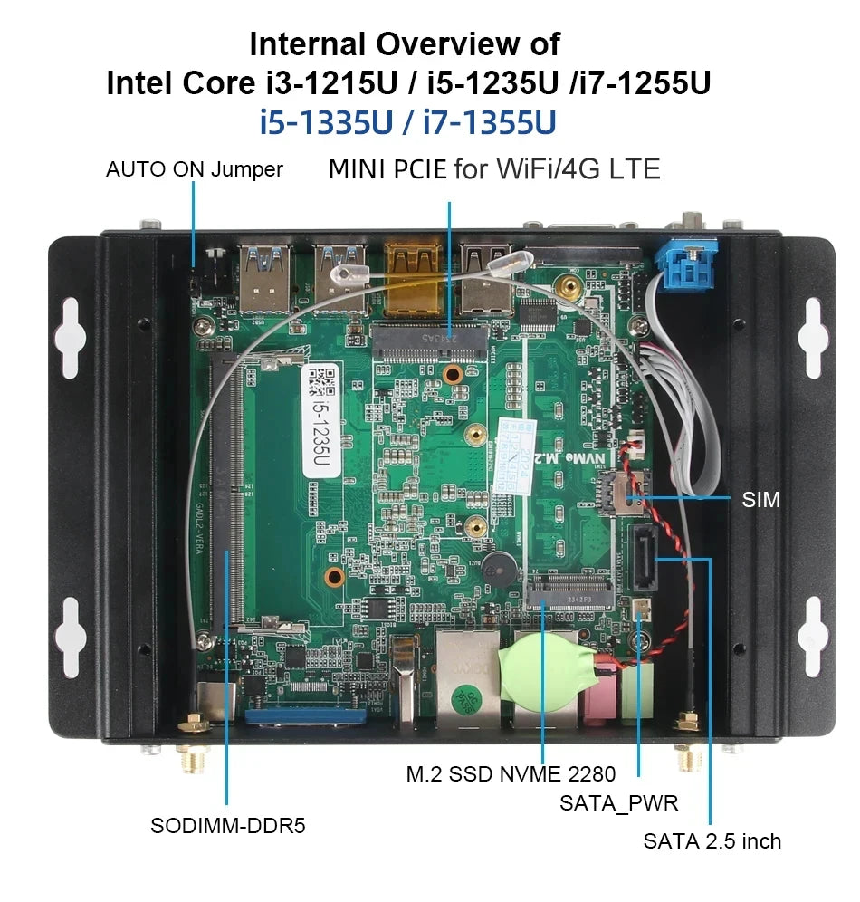XCY-X58 Fanless IPC i5-1335U i7-10710U Mini PC 2x DB9 RS232 2x Ethernet 8xUSB WiFi 4G Modem Support Win10/11 Linux DC12-19V