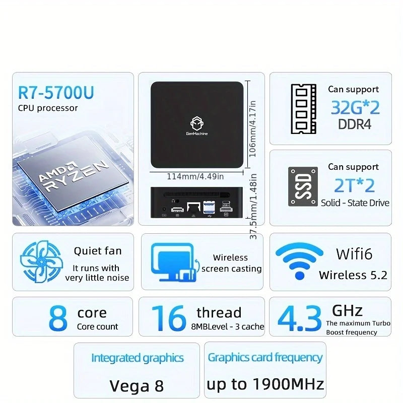 Genmachine Mini PC Computer Gaming AMD Ryzen7 5700U 4800H 5800H 4500U Pocket Dual HDMI LAN WIFI6 BT5.2 Windows 11 Ryzen Computer