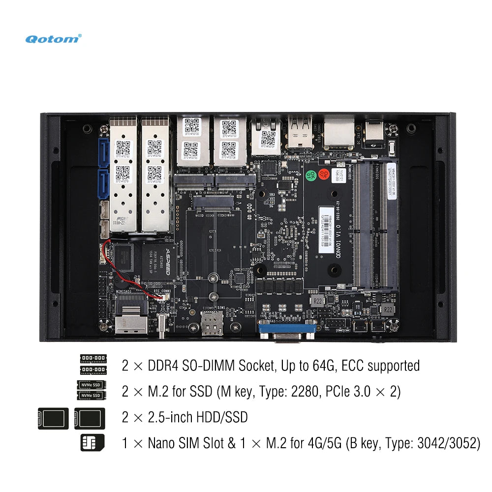 Mini PC Q20300G9 Atom C3000 CPU, 4x 10G SFP+/ 5x 2.5G LAN, 2x DDR4 RAM, 2x NVMe - PfSense/OPNsense Firewall Appliance
