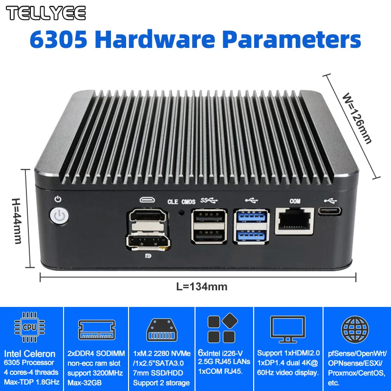 New Intel 6305 Soft router 6 LAN I226-V 2.5G fanless Mini PC DDR4 2*NVMe HD DP firewall OPNsense Mini PC
