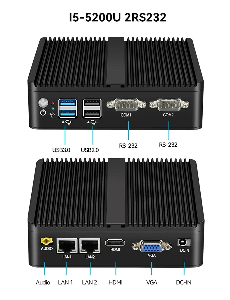 Helorpc Industrial Mini PC with Inter i3 i5 Celeron Processor Support WIN10 Linux RS232 WiFi with 4xUSB 1xHDMI 1xVGA Computer