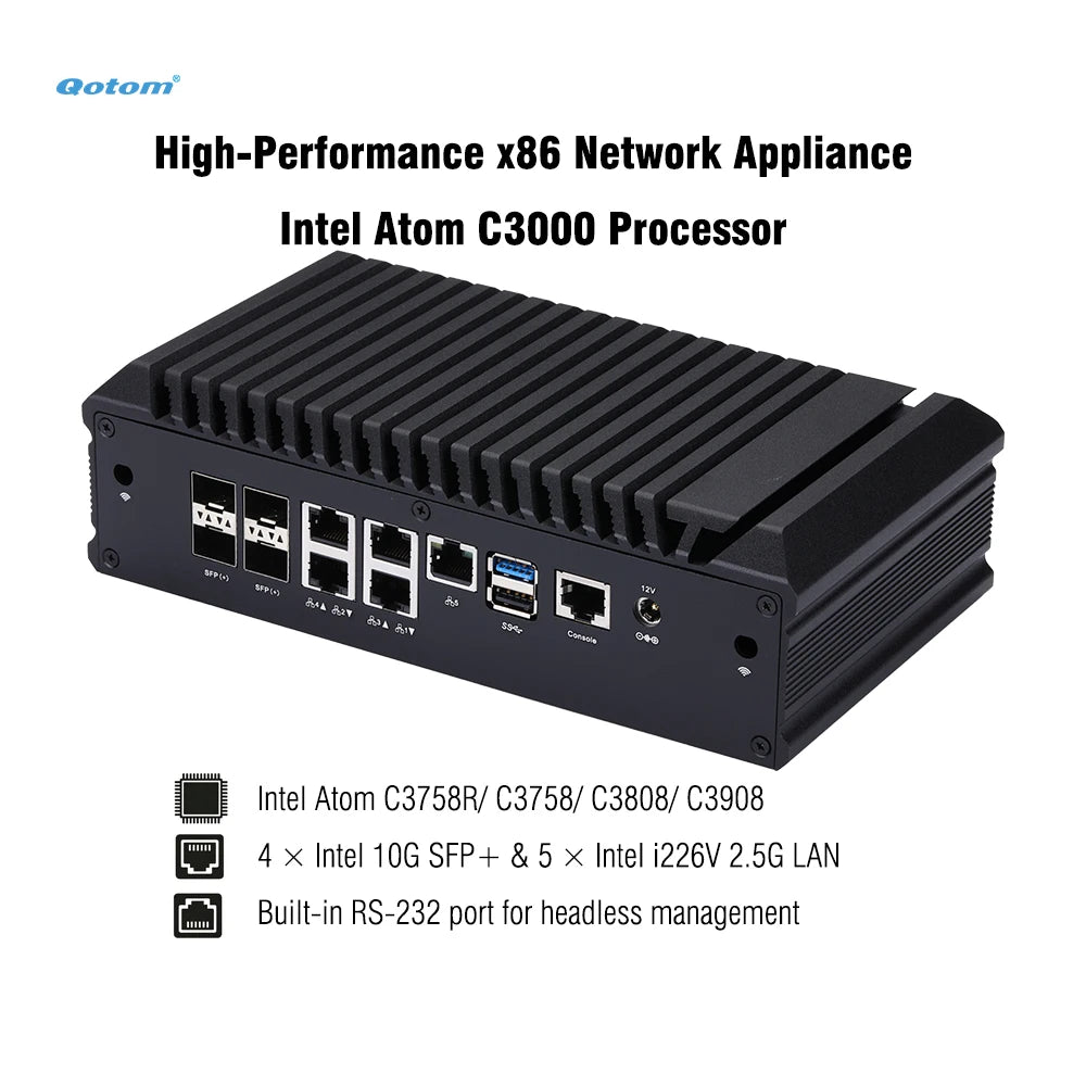 Q20300G9 1U Rack - Atom C3000 CPU, 4x 10G SFP+/ 5x 2.5G LAN, DDR4 RAM, Dual NVMe - PfSense/OPNsense Firewall Appliance