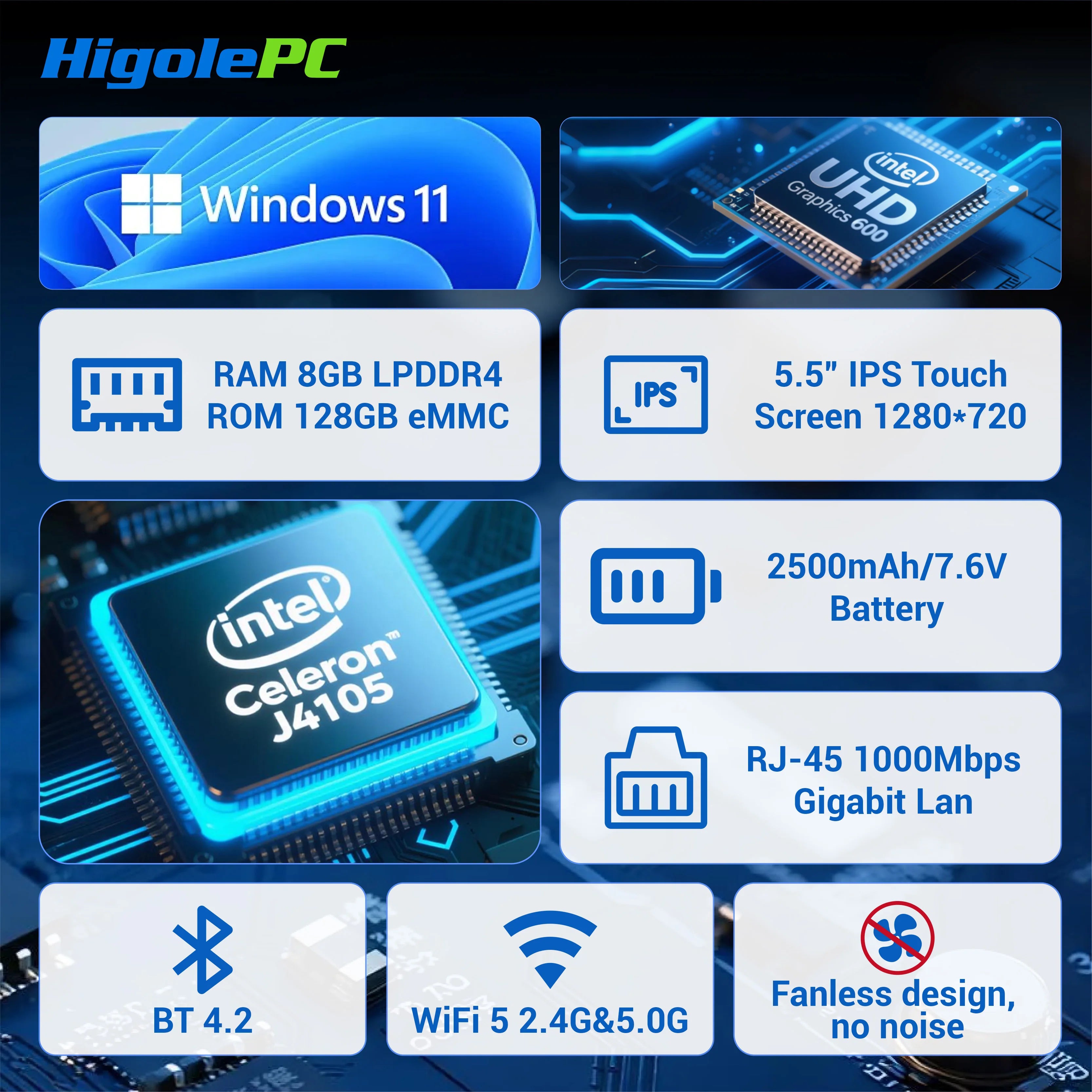 Higole Gole 1 Pro 5.5'' Fanless Mini PC Intel J4105 Windows 11 WiFi5 8G 128G 2500mAh with Screen Laptop Desktop PC Mini Computer