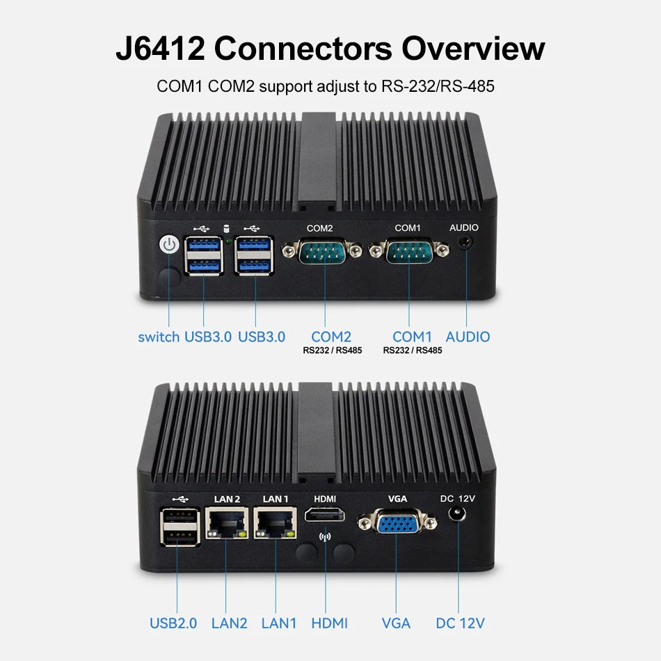 Fanless Mini PC Intel Celeron N5095 J6412 2x Gigabit Ethernet 2x COM RS232 RS485 6x USB Support WiFi 4G LTE Windows 10 Linux