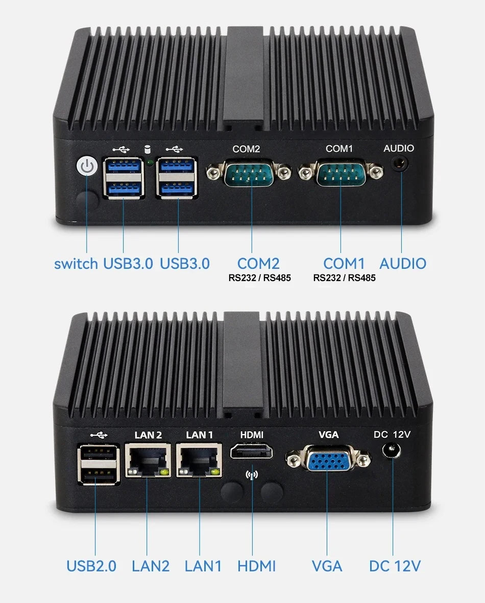 Fanless Mini PC Intel Celeron N5095 J6412 2x Gigabit Ethernet 2x COM RS232 RS485 6x USB Support WiFi 4G LTE Windows 10 Linux
