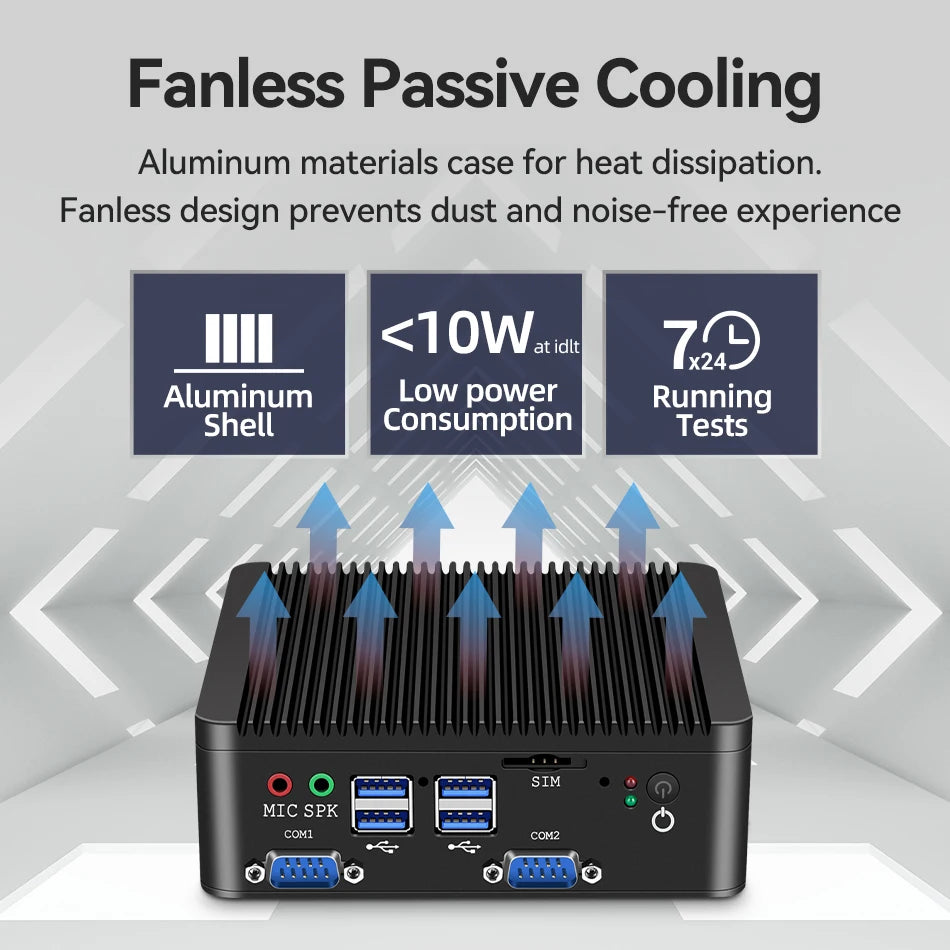 XCY Fanless Mini PC Intel Pentium J5005 DDR4 M.2 SSD RS232/485 2x LAN GPIO mPCIE 4G LTE 8x USB LVDS HDMI TPM 2.0 Windows 11