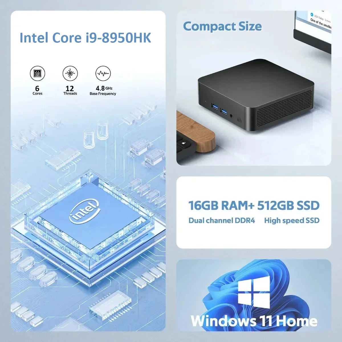2026 Brand New Intel Core i9-8950HK Windows 11 Pro 16GB RAM 1TB SSD Gaming i9 Computer WiFi 6 USB3.0 Mini Desktop Computer PC
