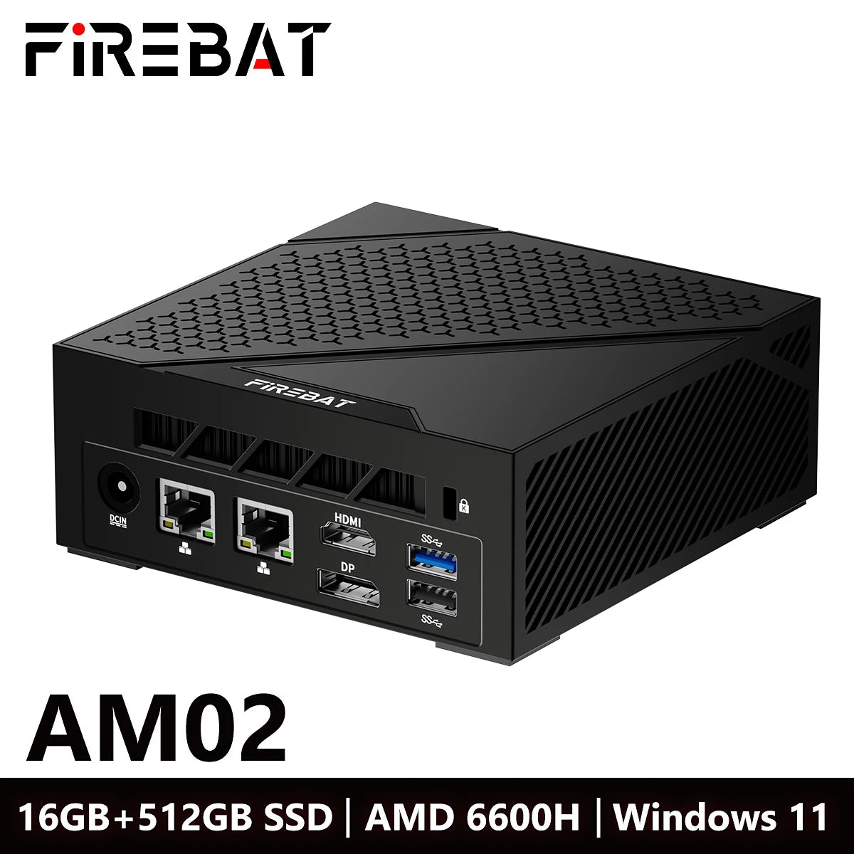 FIREBET AM02 Mini PC 6600H CPU 6C/12T MAX 4.5GHz 16GB LPDDR5 RAM 512GB SSD Windows 11 Desktop 2*RJ45 WIFI6 BT5.2 Gaming Computer