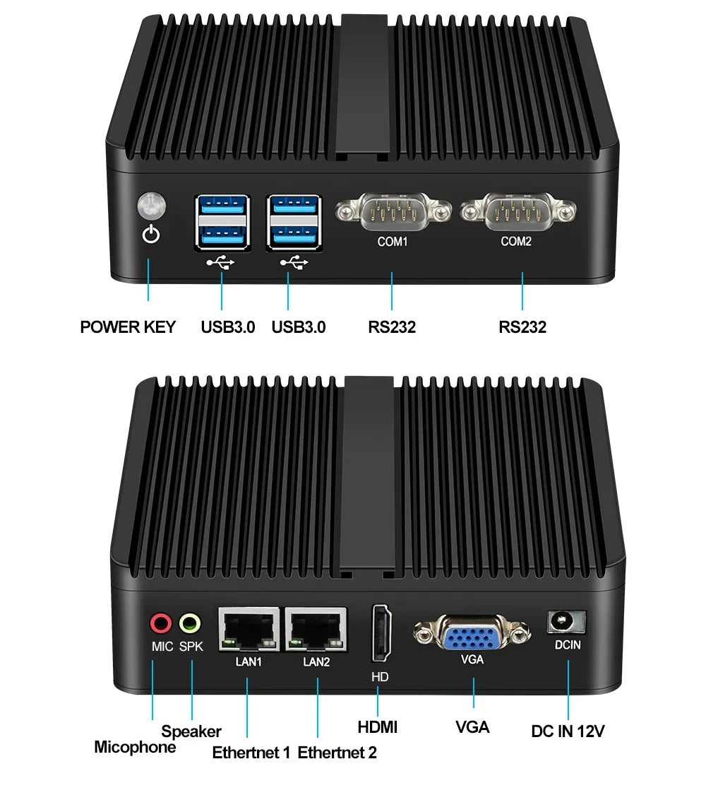 XCY Fanless Mini PC Intel Core i5-5200U i3-5005U Dual GbE LAN 2x RS-232 Serial Ports 4x USB Embedded IPC WiFi Windows Linux