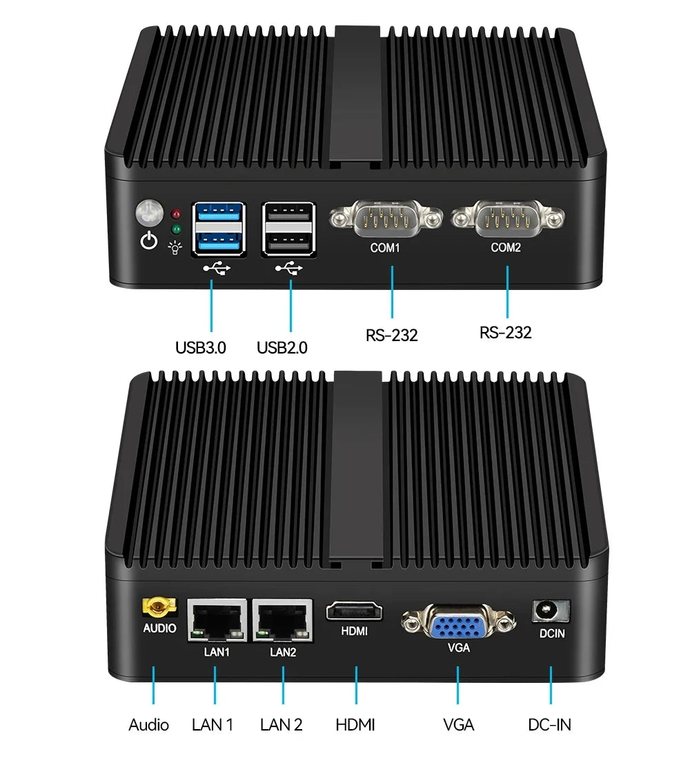 XCY Fanless Mini PC Intel Core i5-5200U i3-5005U Dual GbE LAN 2x RS-232 Serial Ports 4x USB Embedded IPC WiFi Windows Linux