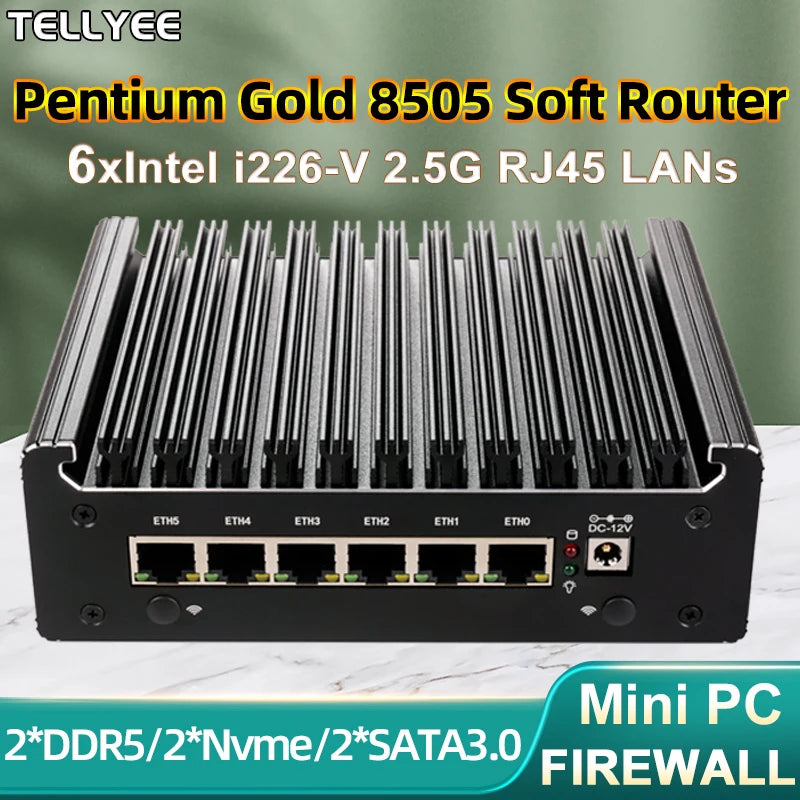 Intel Pentium Gold 8505 Soft Router 6 Lans i226-V 2.5G Fanless Mini PC COM HD DP USB Type-C DDR5 SATA pfSense Firewall Appliance