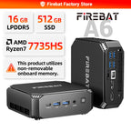 FIREBAT A6 MiniPC AMD R7 7735HS Dual Band WiFi6 BT5.2 16GB LPDDR5 RAM 512GB SSD Windows 11 Desktop Gaming Computer Mini PC