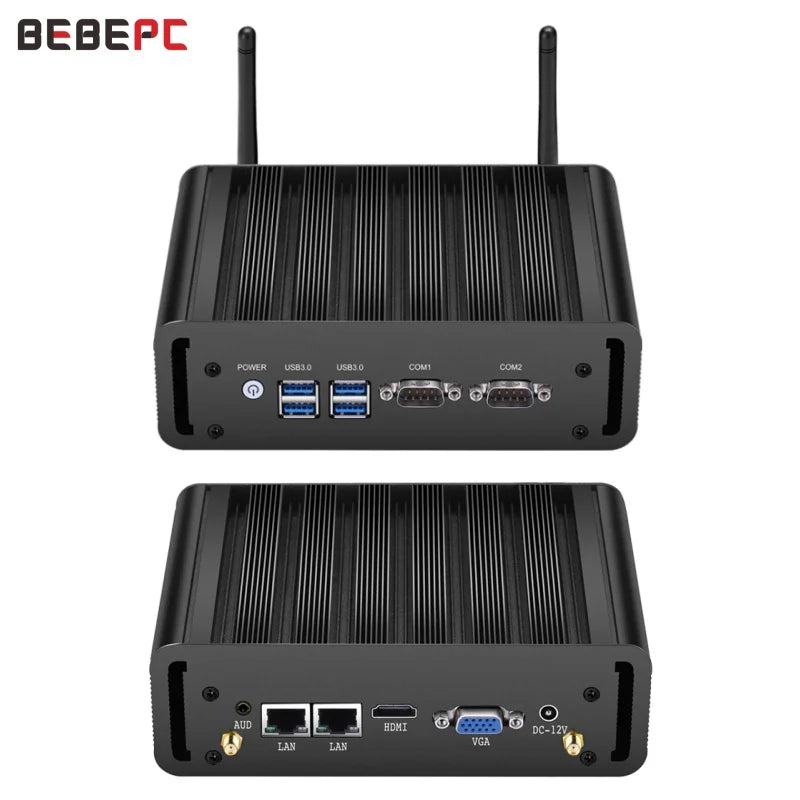 BEBEPC Industrial Mini PC Fanless Intel Core i5 5200U i7 4500U 2*COM RS232 Mini Computer Desktop Celeron Windows 10 Wifi HD 2LAN